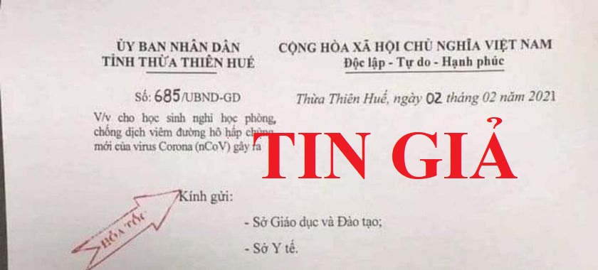 CẢNH BÁO THÔNG TIN GIẢ VỀ VIỆC HỌC SINH TRÊN ĐỊA BÀN THỪA THIÊN HUẾ ĐƯỢC NGHỈ HỌC DO COVID19